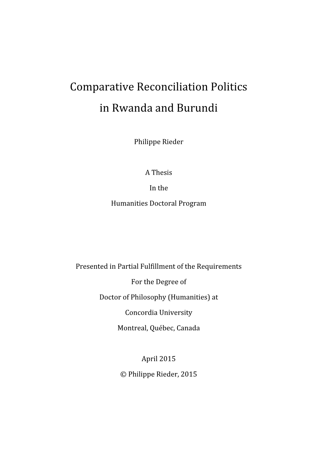 Comparative Reconciliation Politics in Rwanda and Burundi