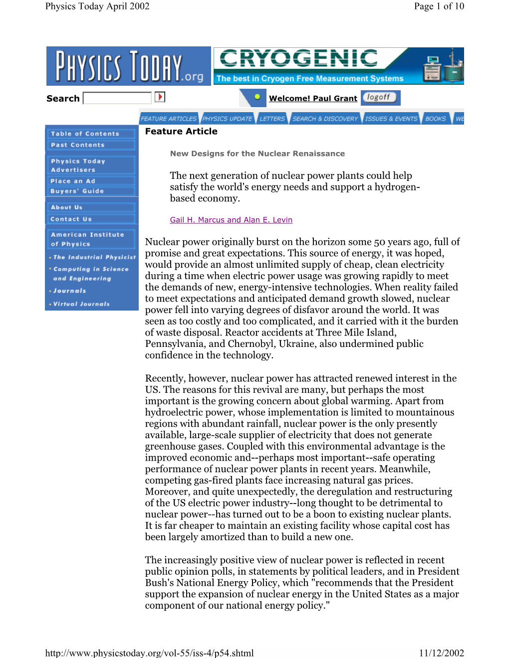 Physics Today Article on Nuclear Power