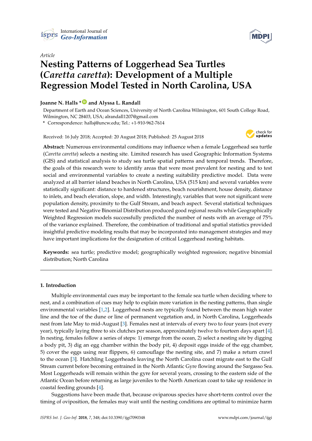 Nesting Patterns of Loggerhead Sea Turtles (Caretta Caretta): Development of a Multiple Regression Model Tested in North Carolina, USA