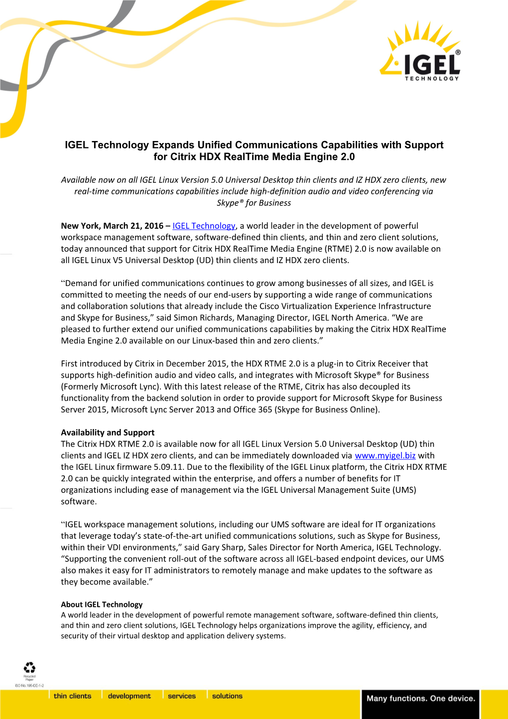 IGEL Technology Expands Unified Communications Capabilities with Support for Citrix HDX