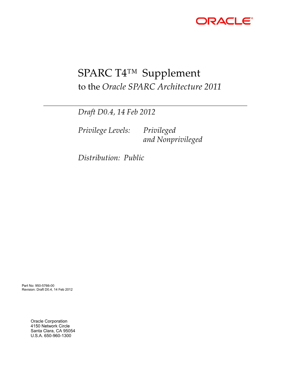 SPARC T4™ Supplement to the Oracle SPARC Architecture 2011