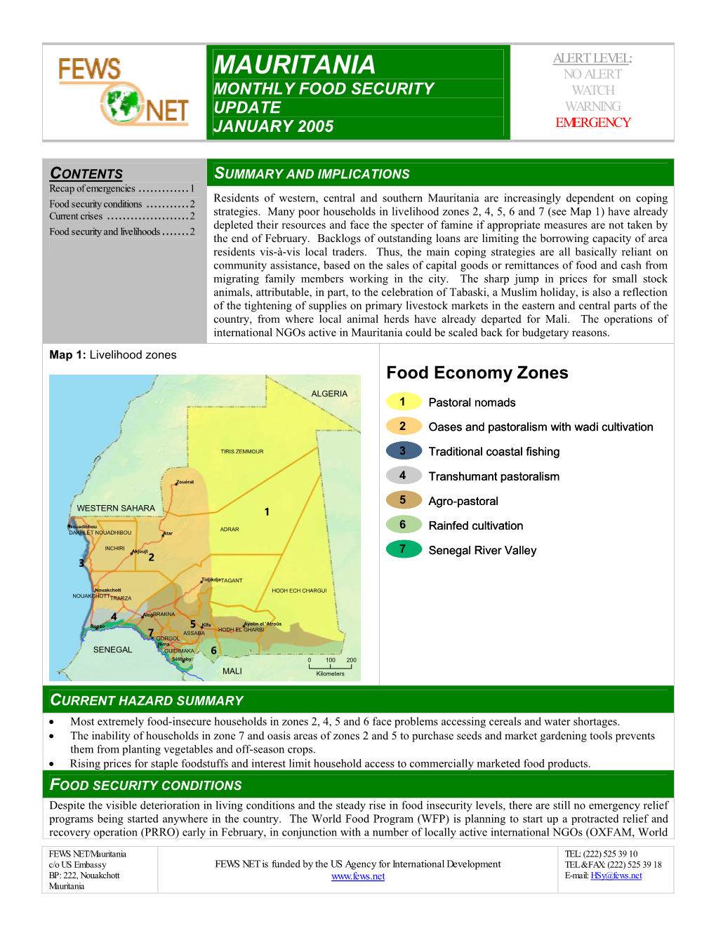 Mauritania No Alert Monthly Food Security Watch Update Warning January 2005 Emergency