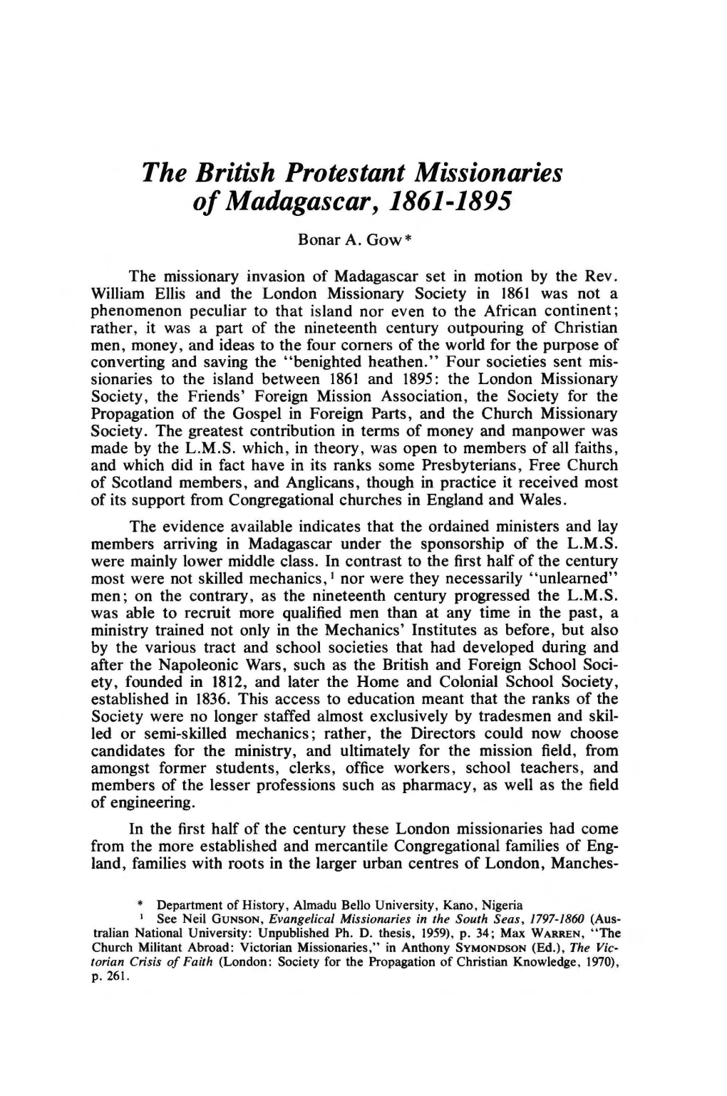 The British Protestant Missionaries of Madagascar, 1861-1895