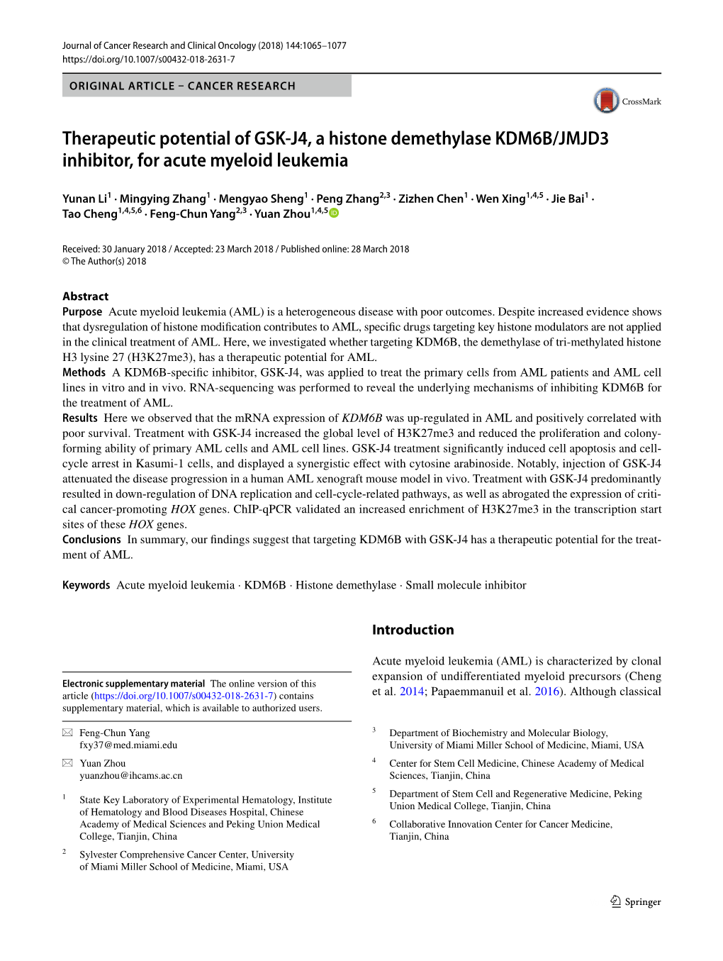 Therapeutic Potential of GSK-J4, a Histone Demethylase KDM6B/JMJD3 Inhibitor, for Acute Myeloid Leukemia