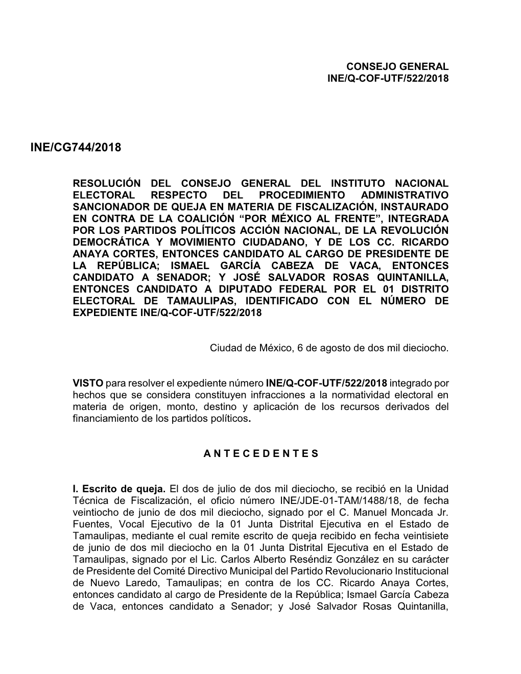 Consejo General Ine/Q-Cof-Utf/522/2018