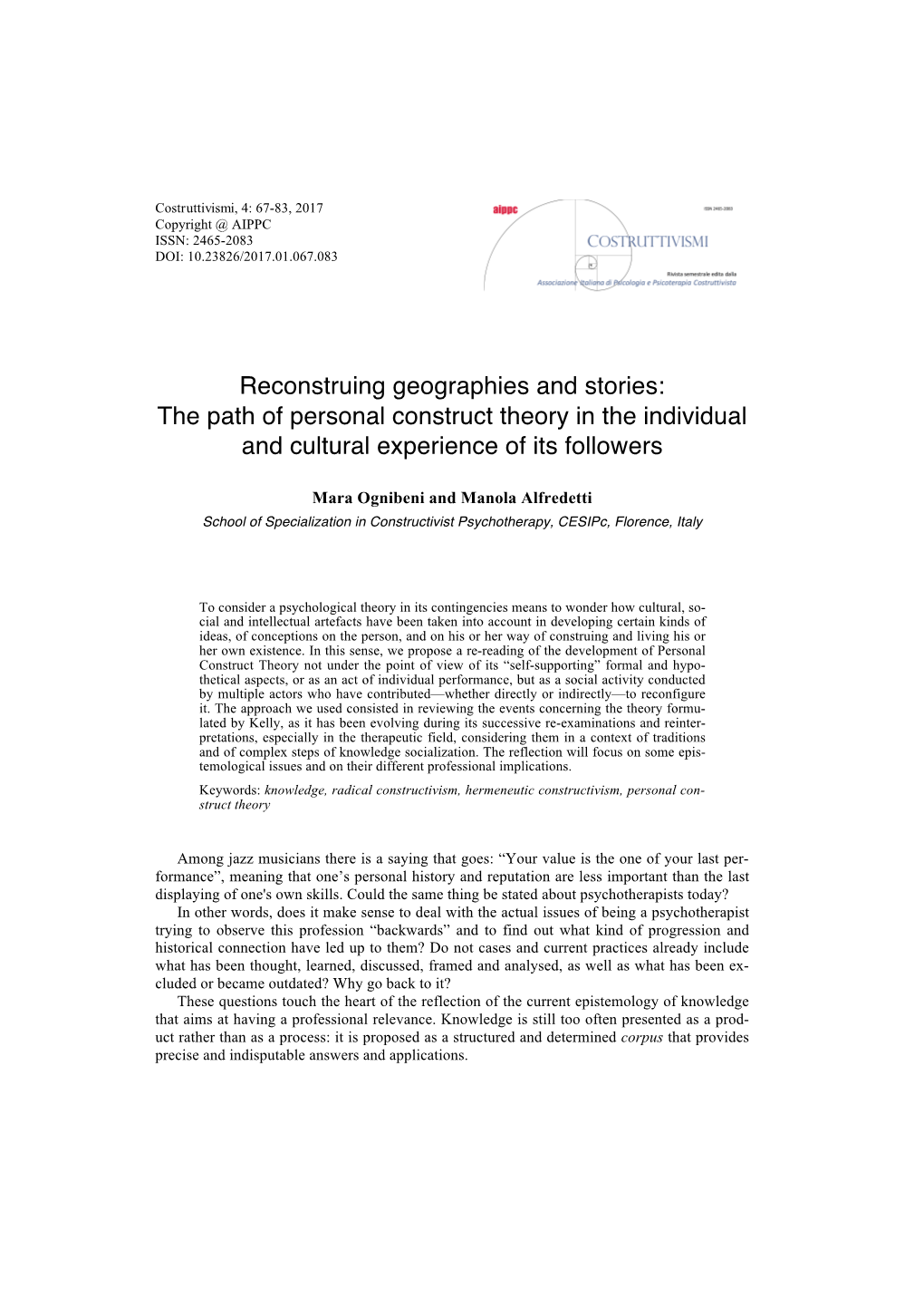 Reconstruing Geographies and Stories: the Path of Personal Construct Theory in the Individual and Cultural Experience of Its Followers