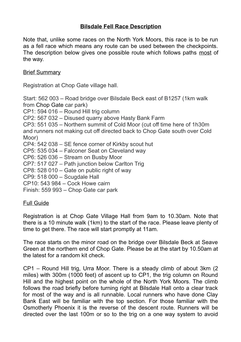 Bilsdale Fell Race Description Note That, Unlike Some Races on the North