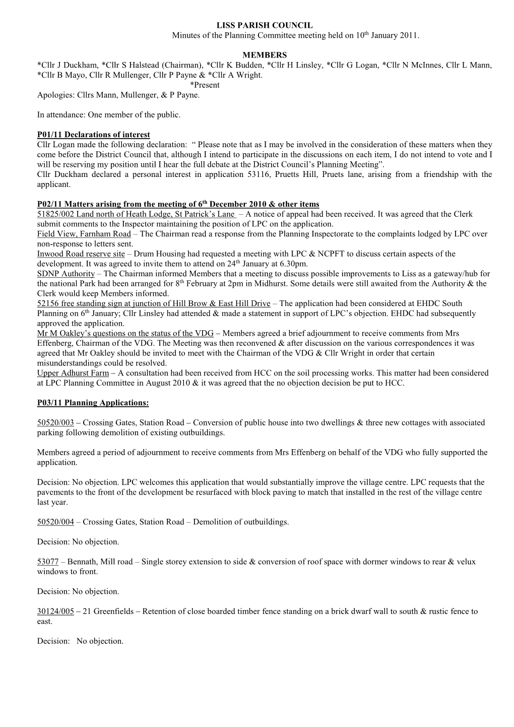 LISS PARISH COUNCIL Minutes of the Planning Committee Meeting Held on 10Th January 2011