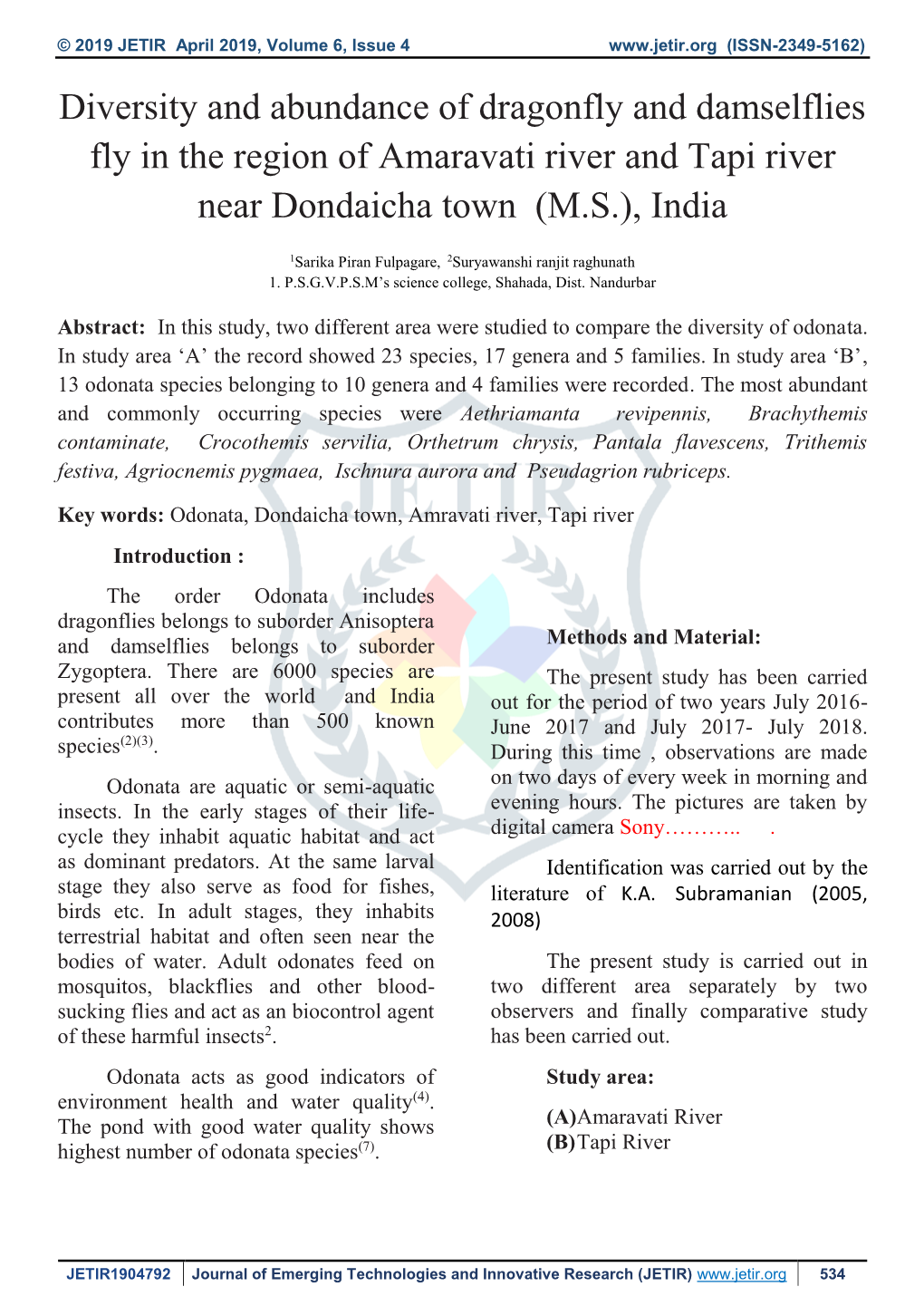 Diversity and Abundance of Dragonfly and Damselflies Fly in the Region of Amaravati River and Tapi River Near Dondaicha Town (M.S.), India