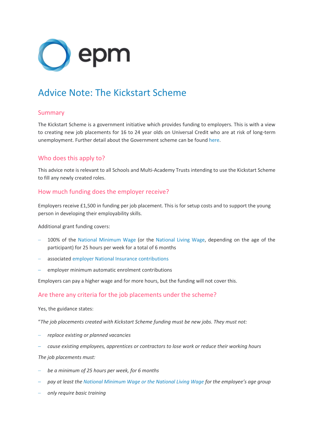 Advice Note: the Kickstart Scheme