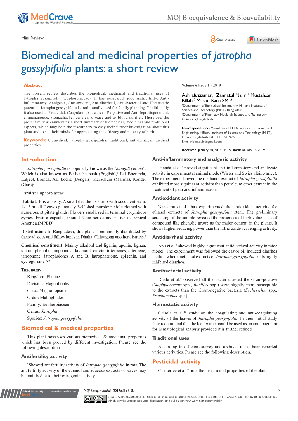 Biomedical and Medicinal Properties of Jatropha Gossypifolia Plants: a Short Review