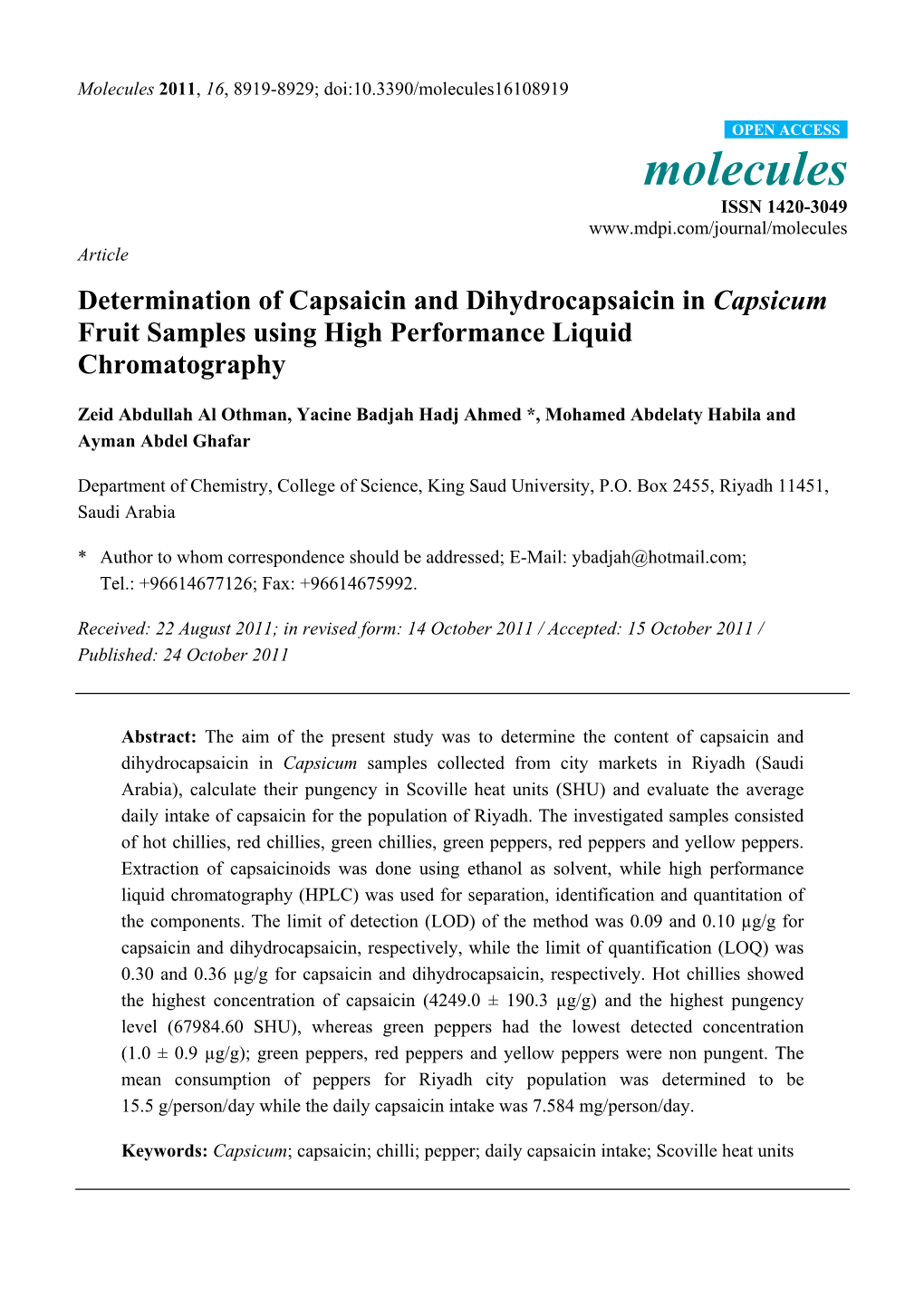 Determination of Capsaicin and Dihydrocapsaicin in Capsicum Fruit Samples Using High Performance Liquid Chromatography