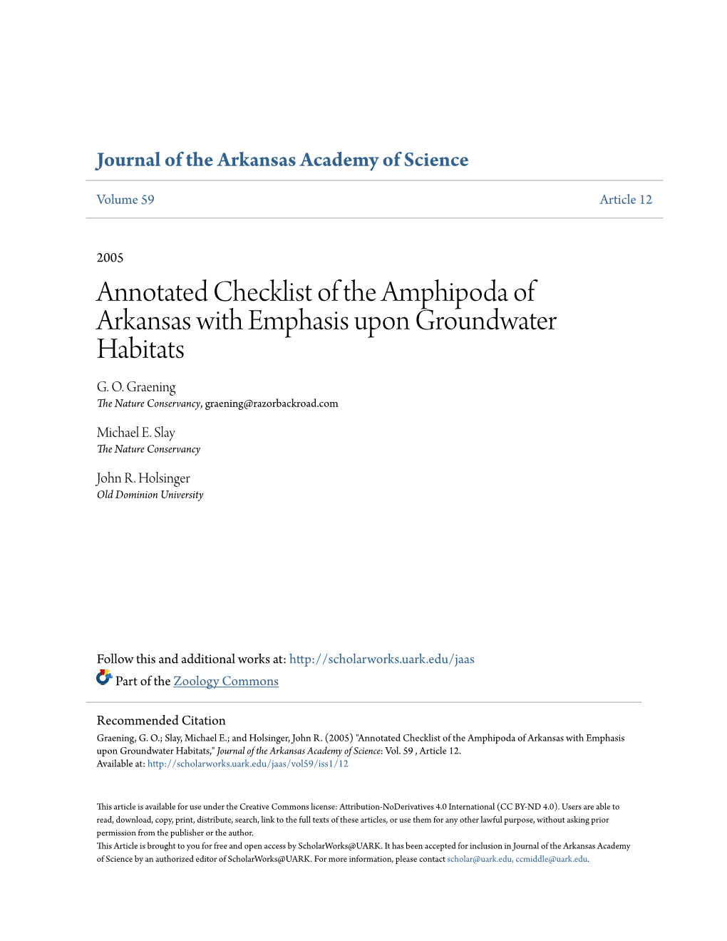 Annotated Checklist of the Amphipoda of Arkansas with Emphasis Upon Groundwater Habitats G