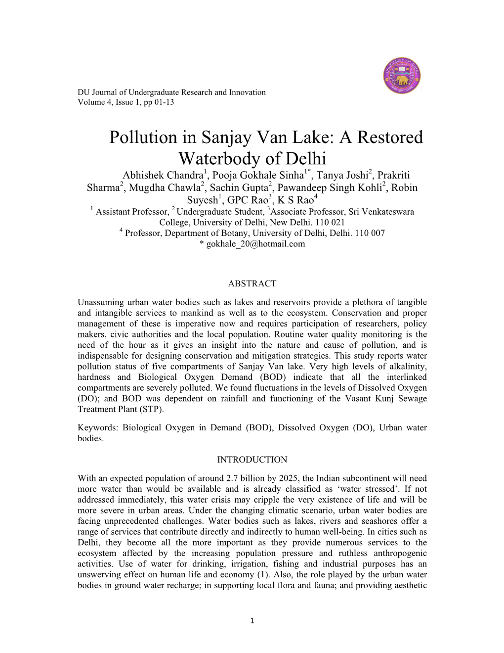 Pollution in Sanjay Van Lake: a Restored Waterbody of Delhi