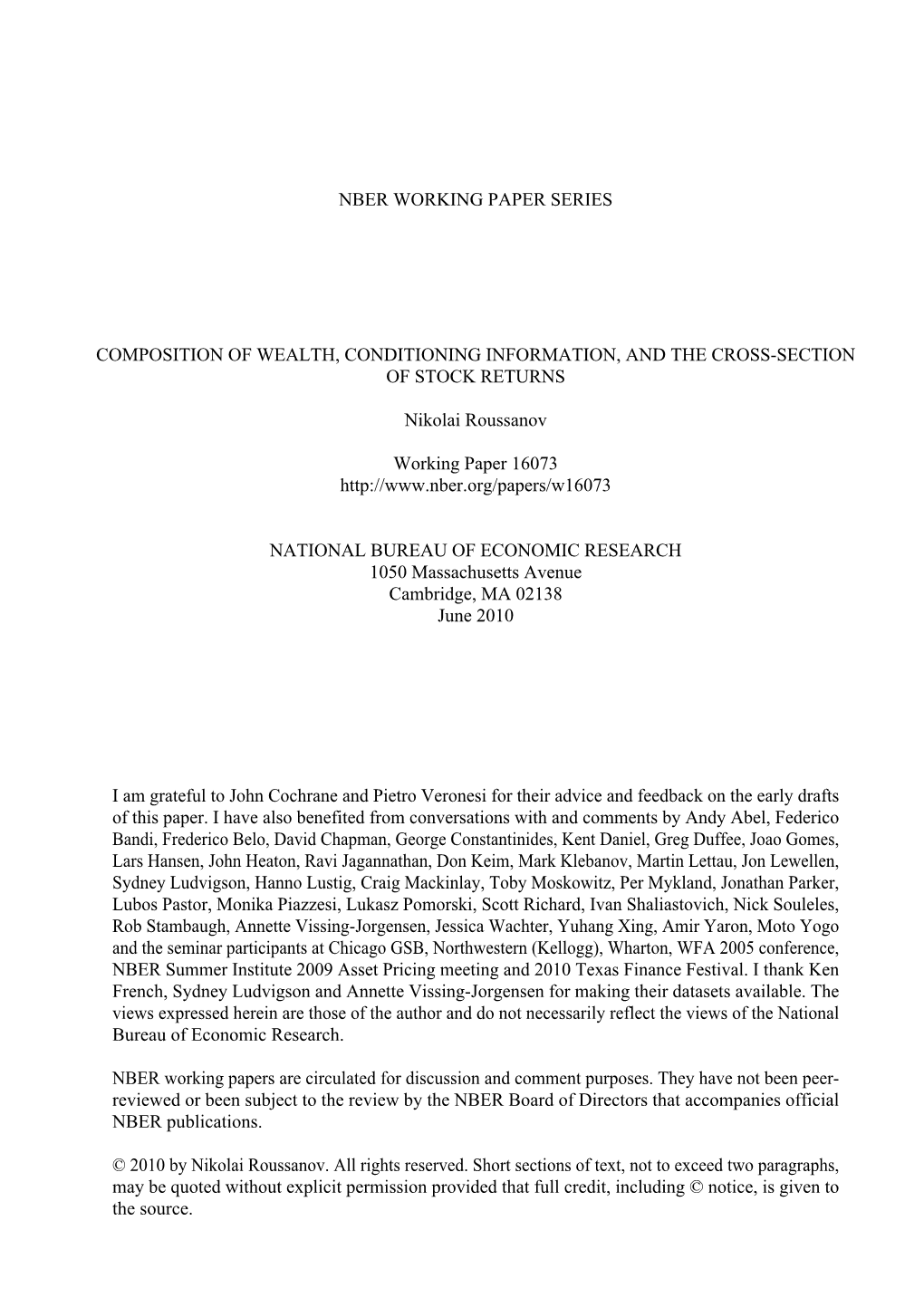 Nber Working Paper Series Composition of Wealth