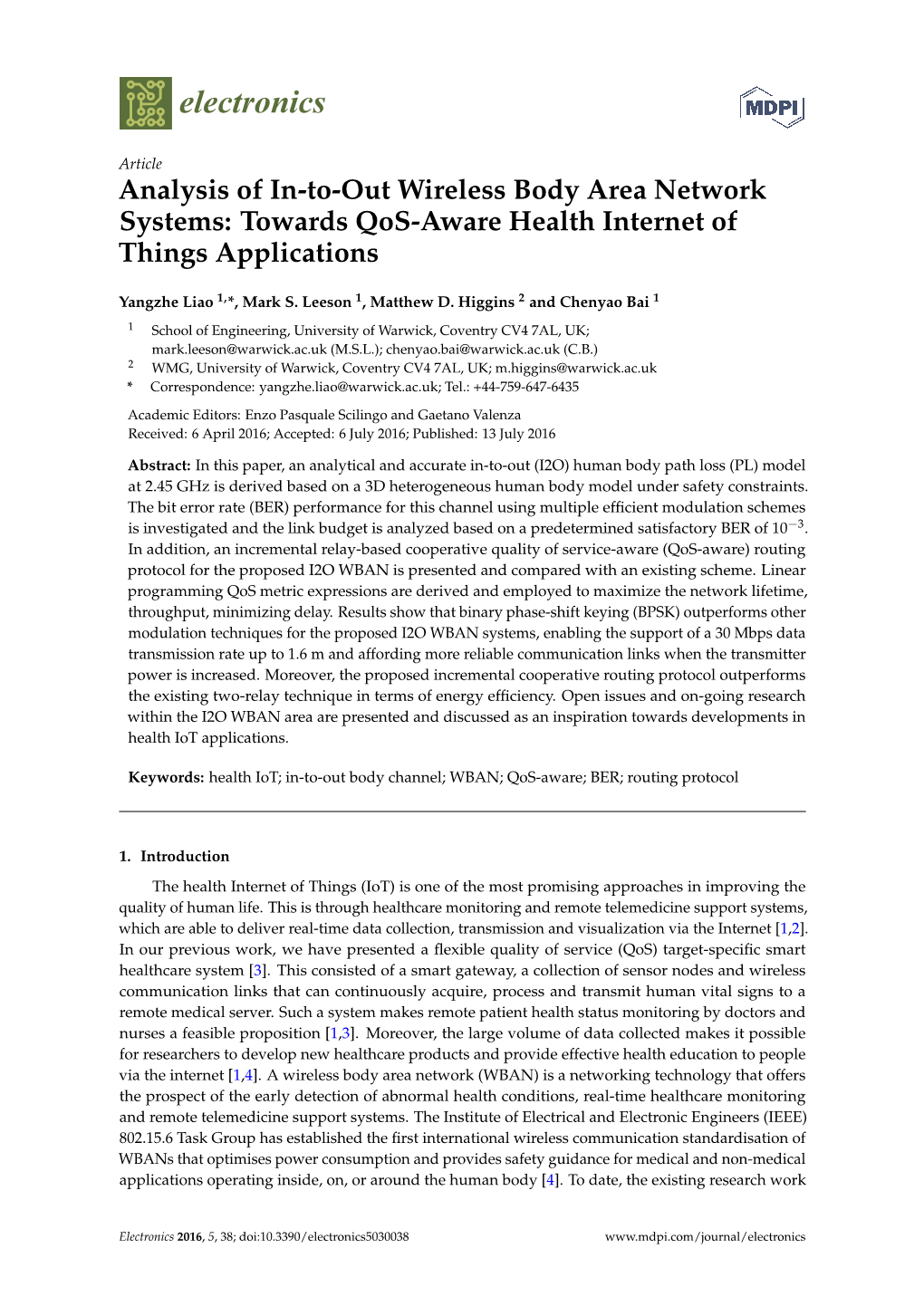 Analysis of In-To-Out Wireless Body Area Network Systems: Towards Qos-Aware Health Internet of Things Applications