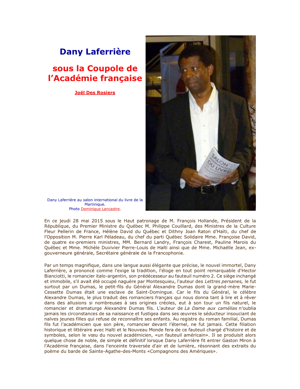 Dany Laferrière Sous La Coupole De L'académie Française