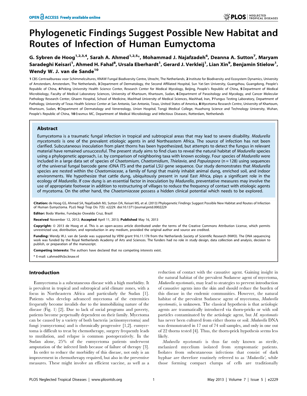 Phylogenetic Findings Suggest Possible New Habitat and Routes of Infection of Human Eumyctoma