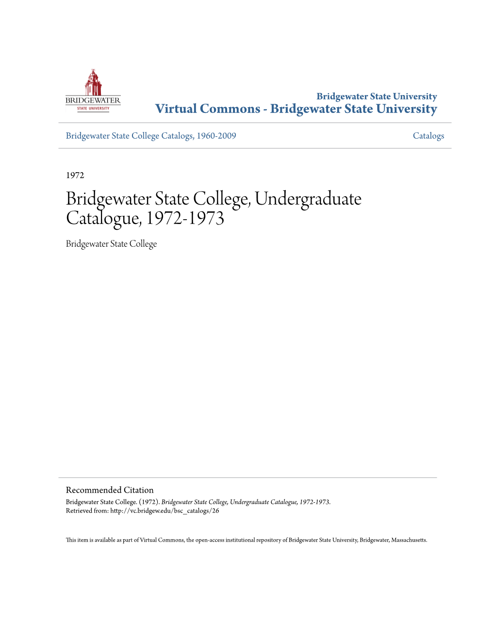 Bridgewater State College, Undergraduate Catalogue, 1972-1973 Bridgewater State College