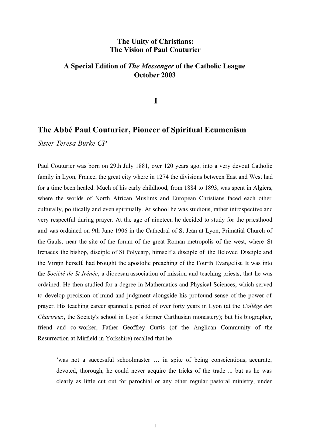 I the Abbé Paul Couturier, Pioneer of Spiritual Ecumenism