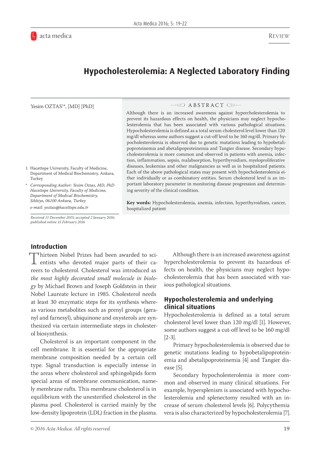 Hypocholesterolemia: a Neglected Laboratory Finding