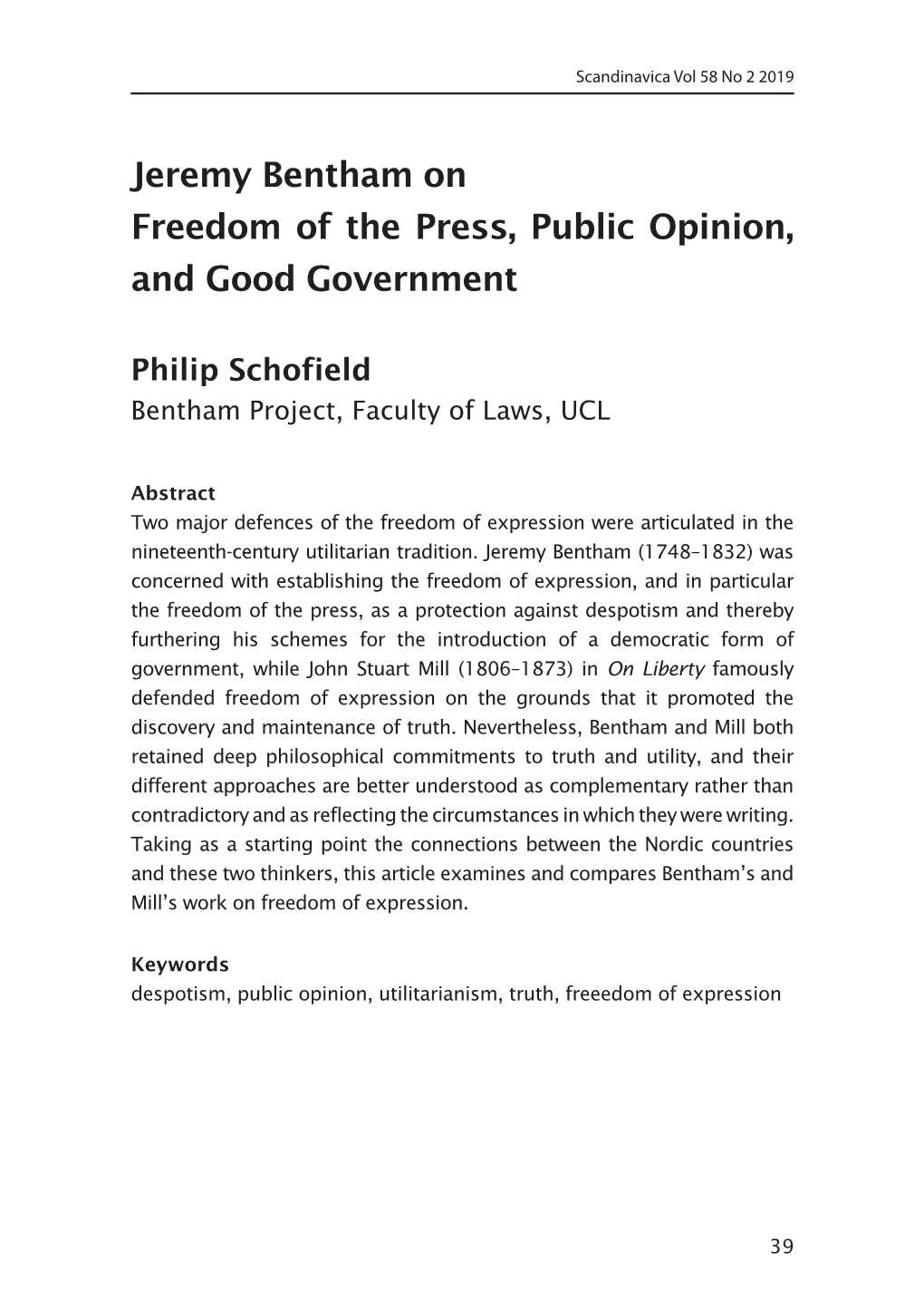 Jeremy Bentham on Freedom of the Press, Public Opinion, and Good Government