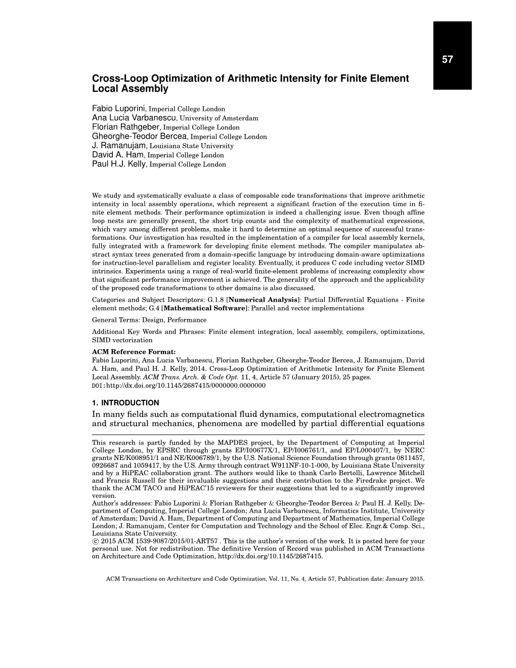 Cross-Loop Optimization of Arithmetic Intensity for Finite Element Local Assembly