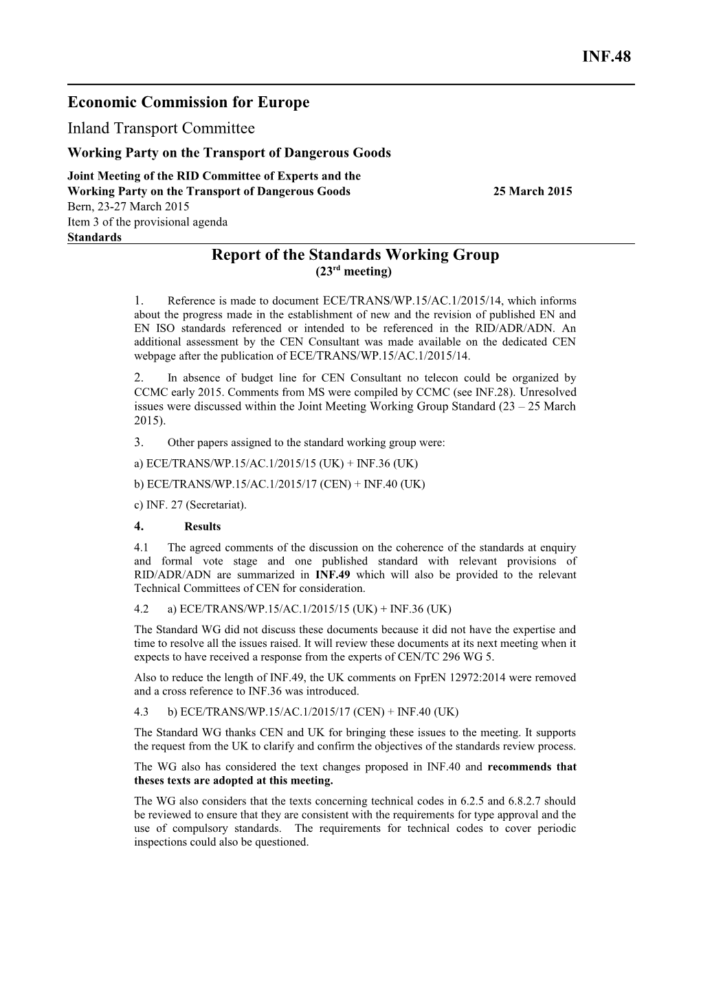 Report of the Standards Working Group