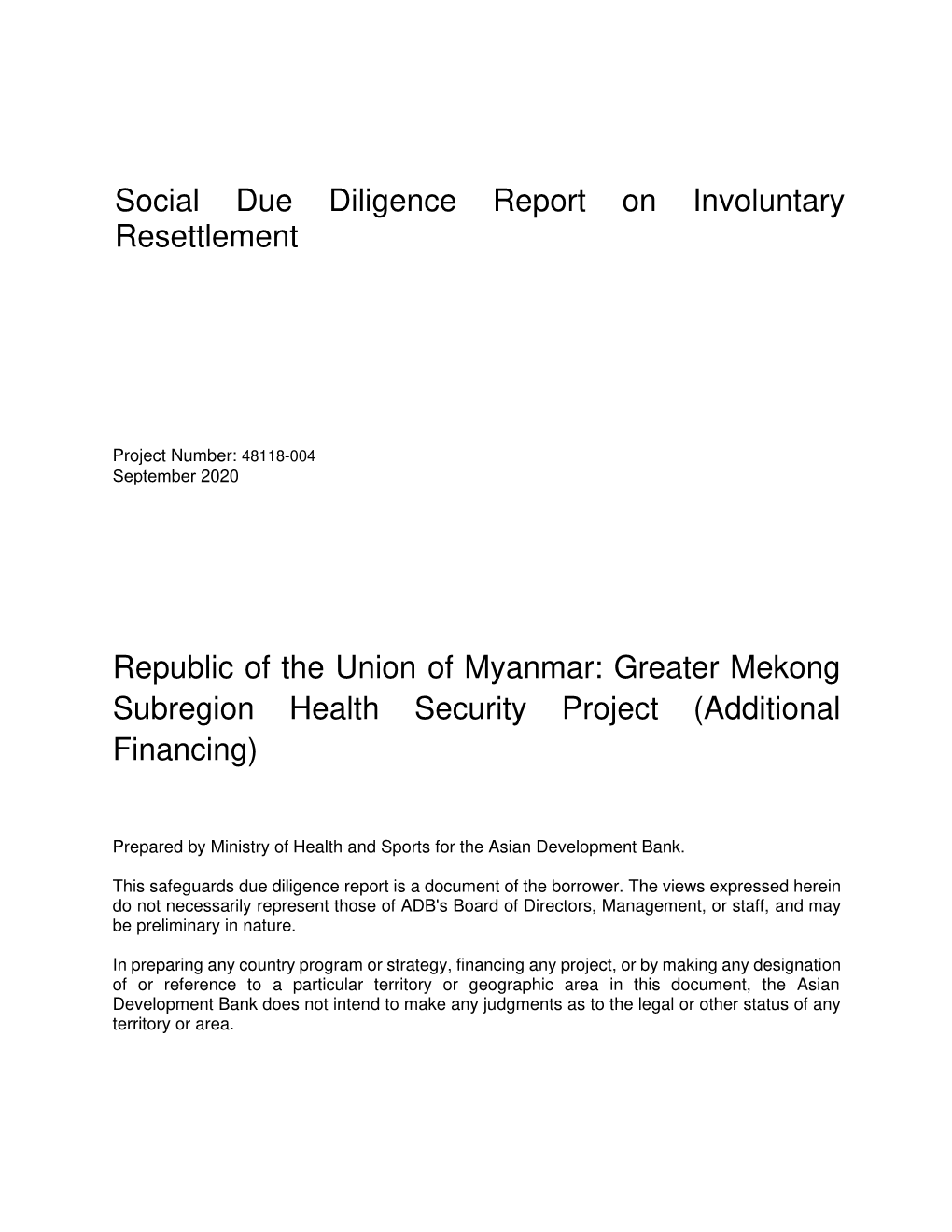 Social Due Diligence Report on Involuntary Resettlement