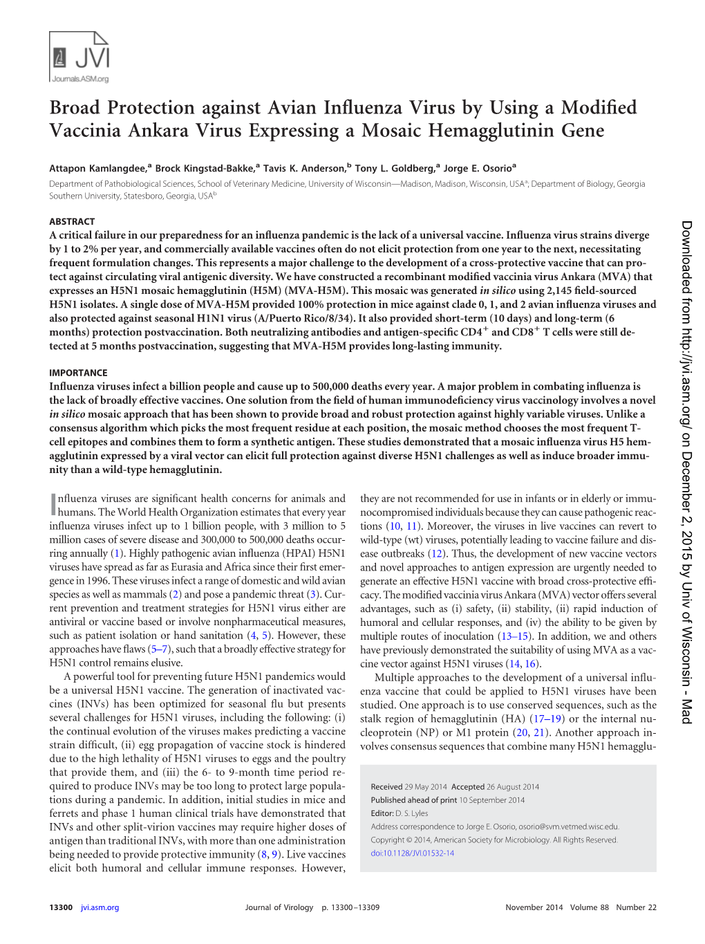 Broad Protection Against Avian Influenza Virus by Using a Modified Vaccinia Ankara Virus Expressing a Mosaic Hemagglutinin Gene