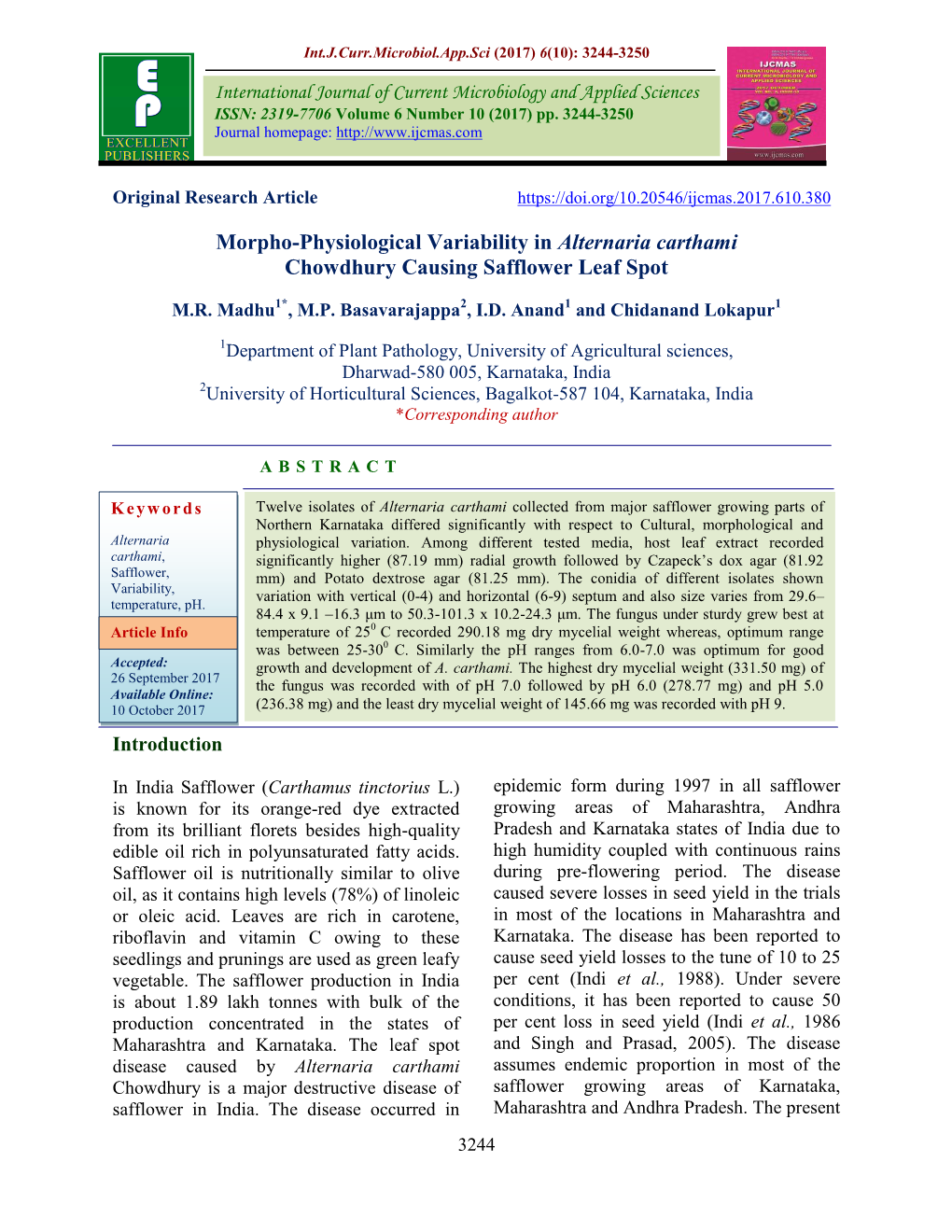 Morpho-Physiological Variability in Alternaria Carthami Chowdhury Causing Safflower Leaf Spot