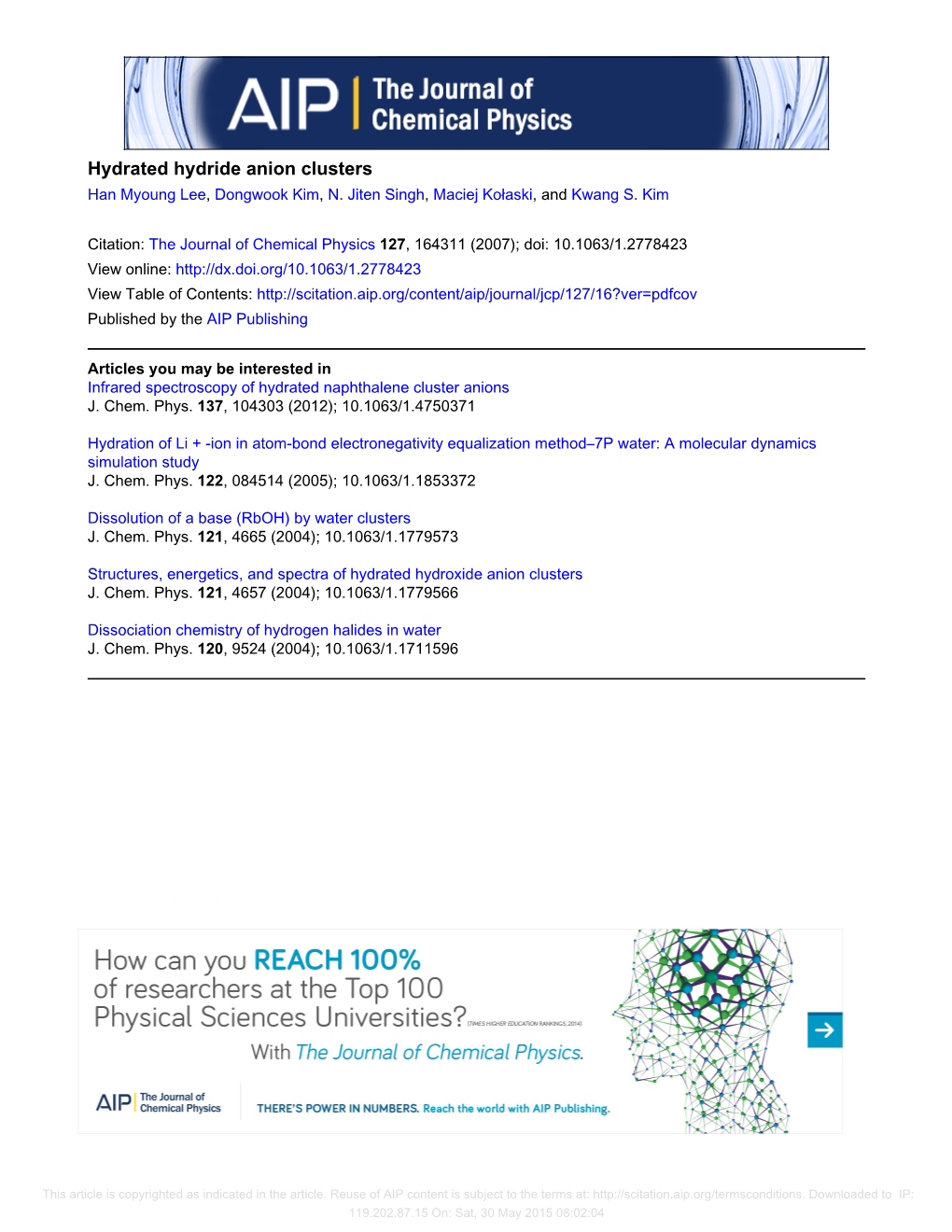 Hydrated Hydride Anion Clusters Han Myoung Lee, Dongwook Kim, N