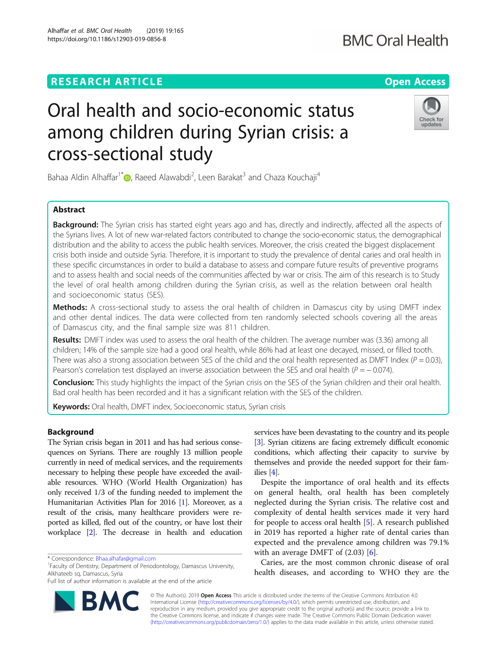 Oral Health and Socio-Economic Status Among Children During Syrian Crisis