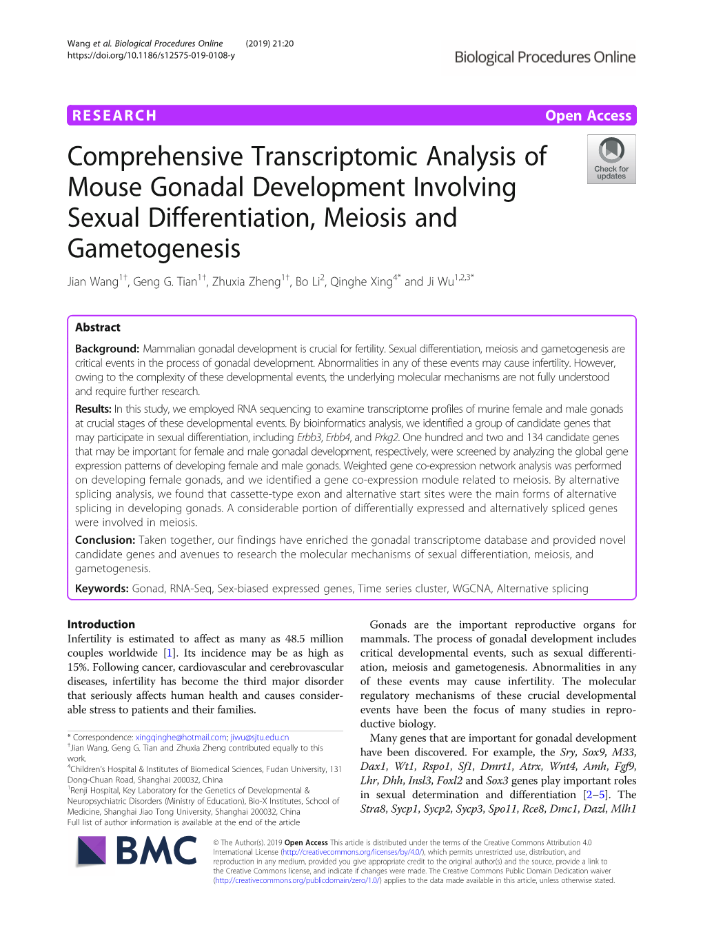 Comprehensive Transcriptomic Analysis of Mouse Gonadal Development Involving Sexual Differentiation, Meiosis and Gametogenesis Jian Wang1†, Geng G