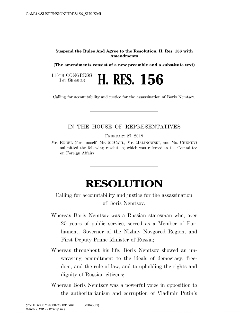 H. Res. 156 with Amendments