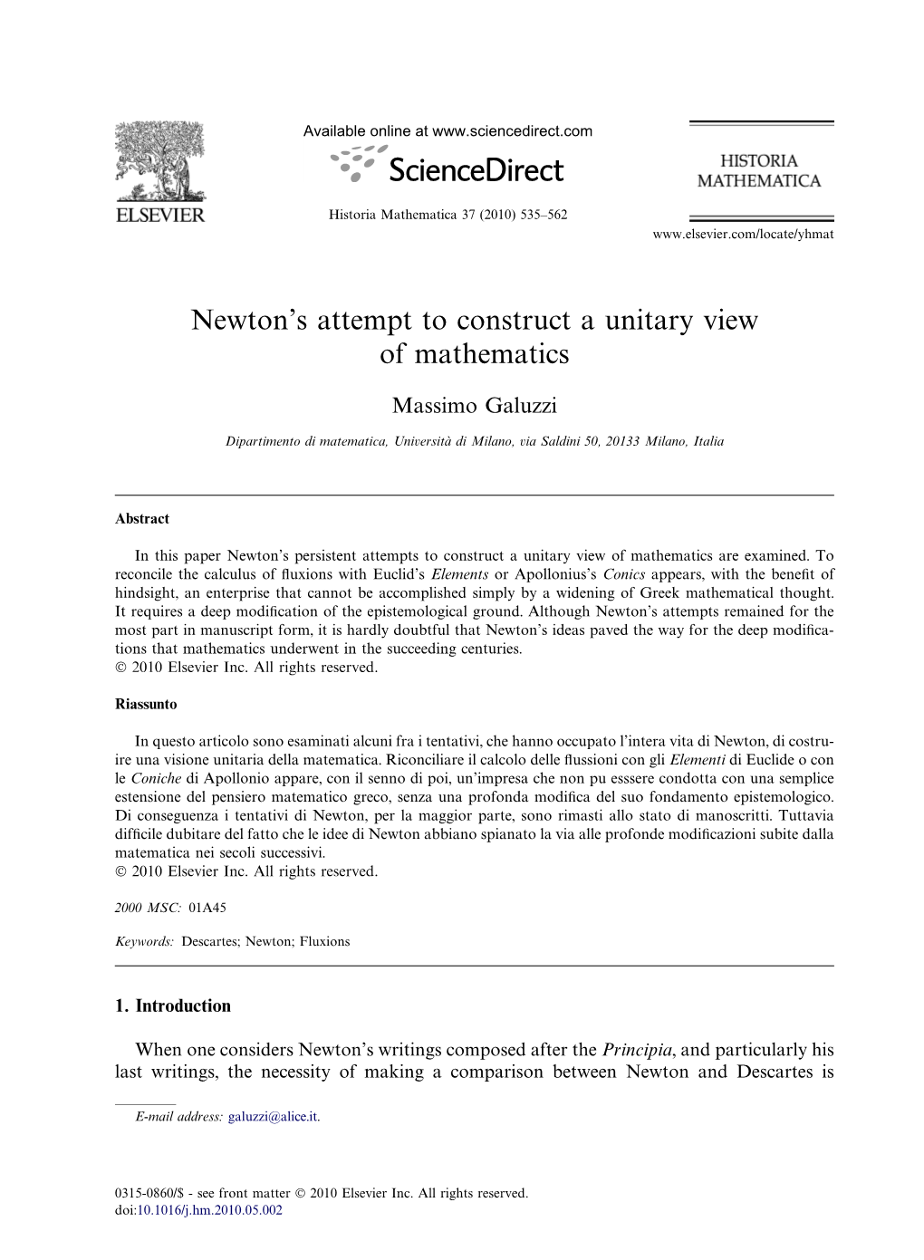 Newtonâ€™S Attempt to Construct a Unitary View of Mathematics