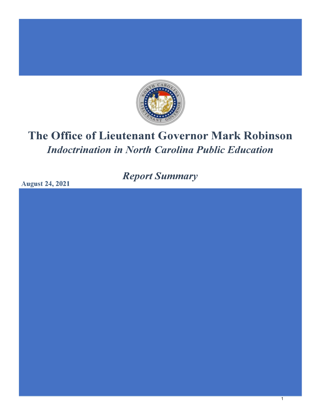 The Office of Lieutenant Governor Mark Robinson Indoctrination in North Carolina Public Education