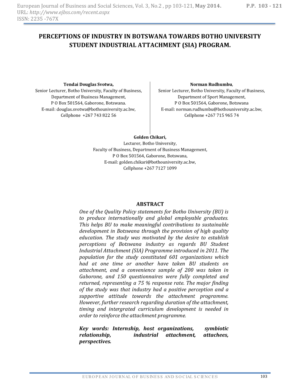 Perceptions of Industry in Botswana Towards Botho University Student Industrial Attachment (Sia) Program