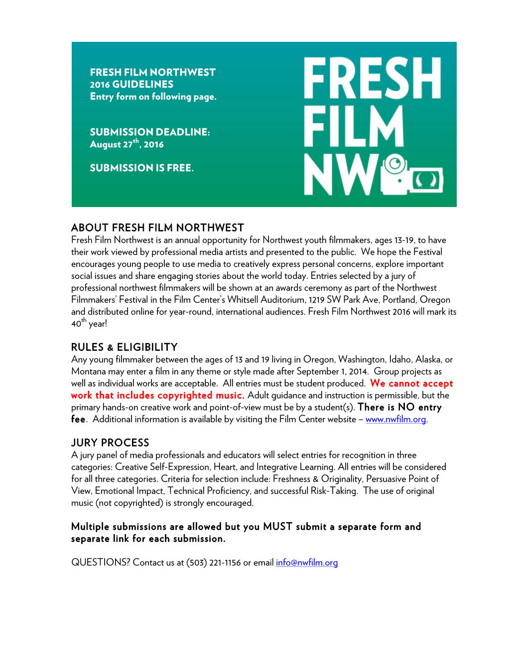 FRESH FILM NORTHWEST 2016 GUIDELINES Entry Form on Following Page