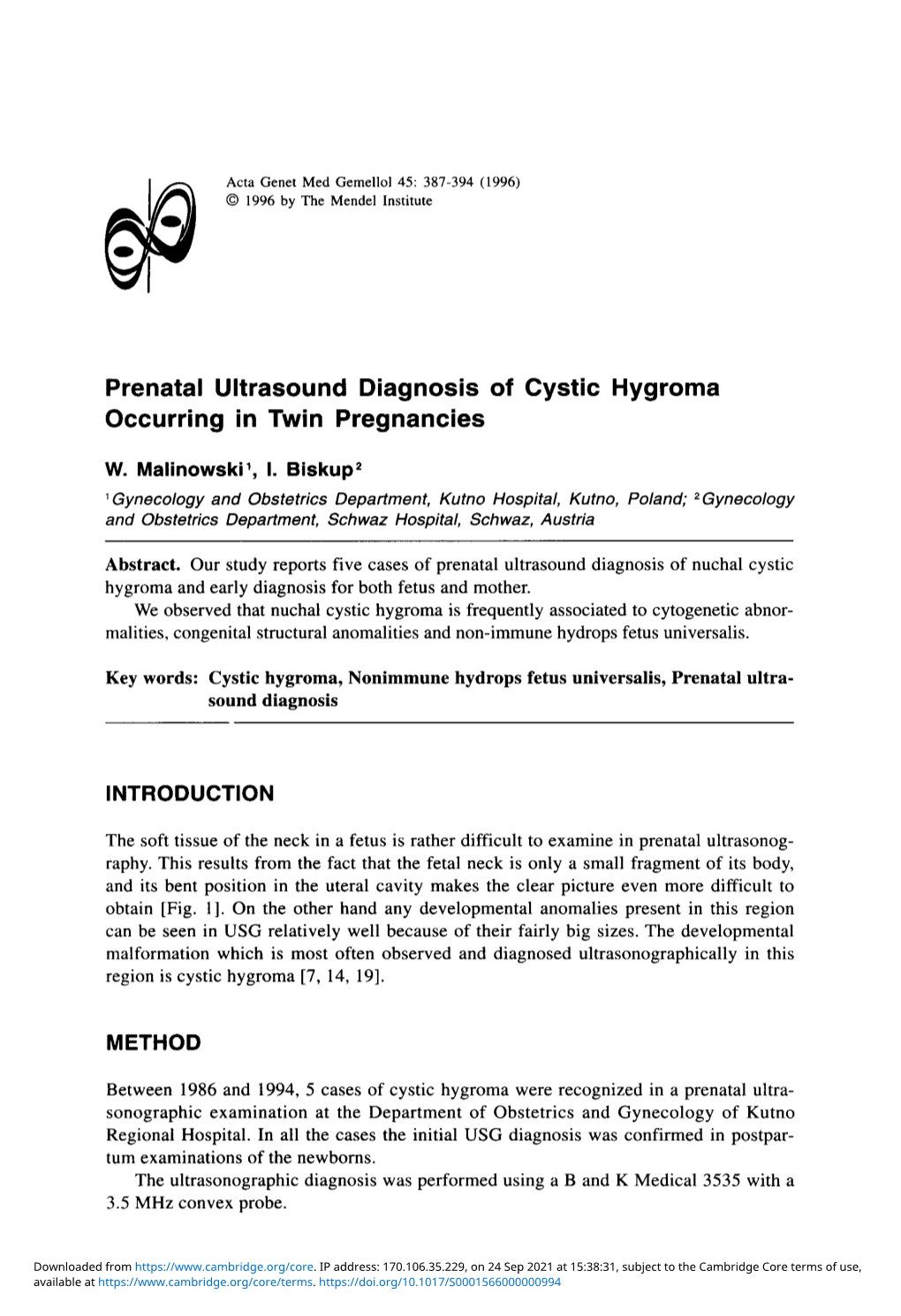 Prenatal Ultrasound Diagnosis of Cystic Hygroma Occurring in Twin Pregnancies