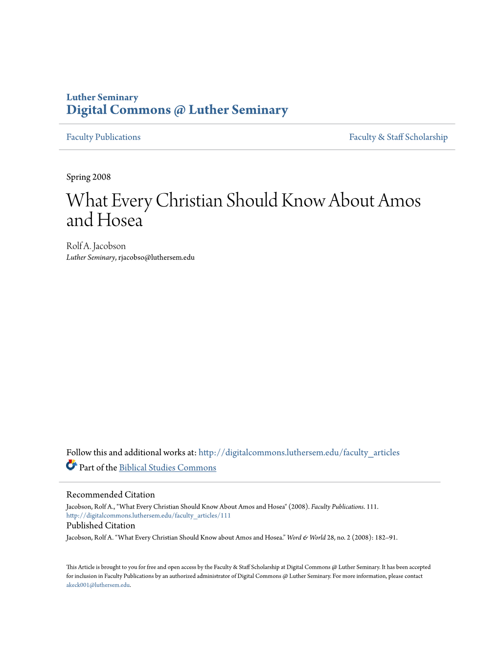 What Every Christian Should Know About Amos and Hosea Rolf A