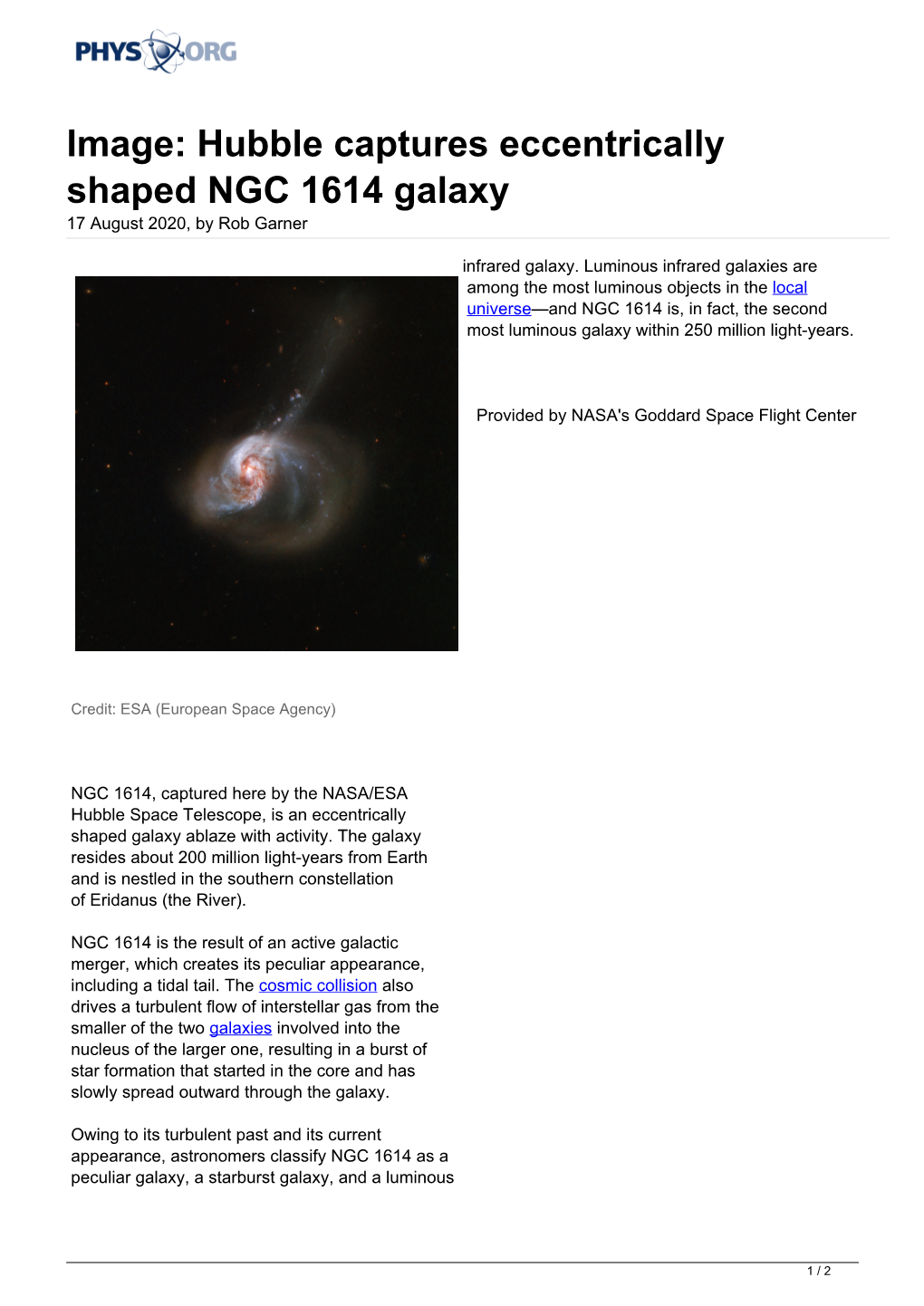Hubble Captures Eccentrically Shaped NGC 1614 Galaxy 17 August 2020, by Rob Garner