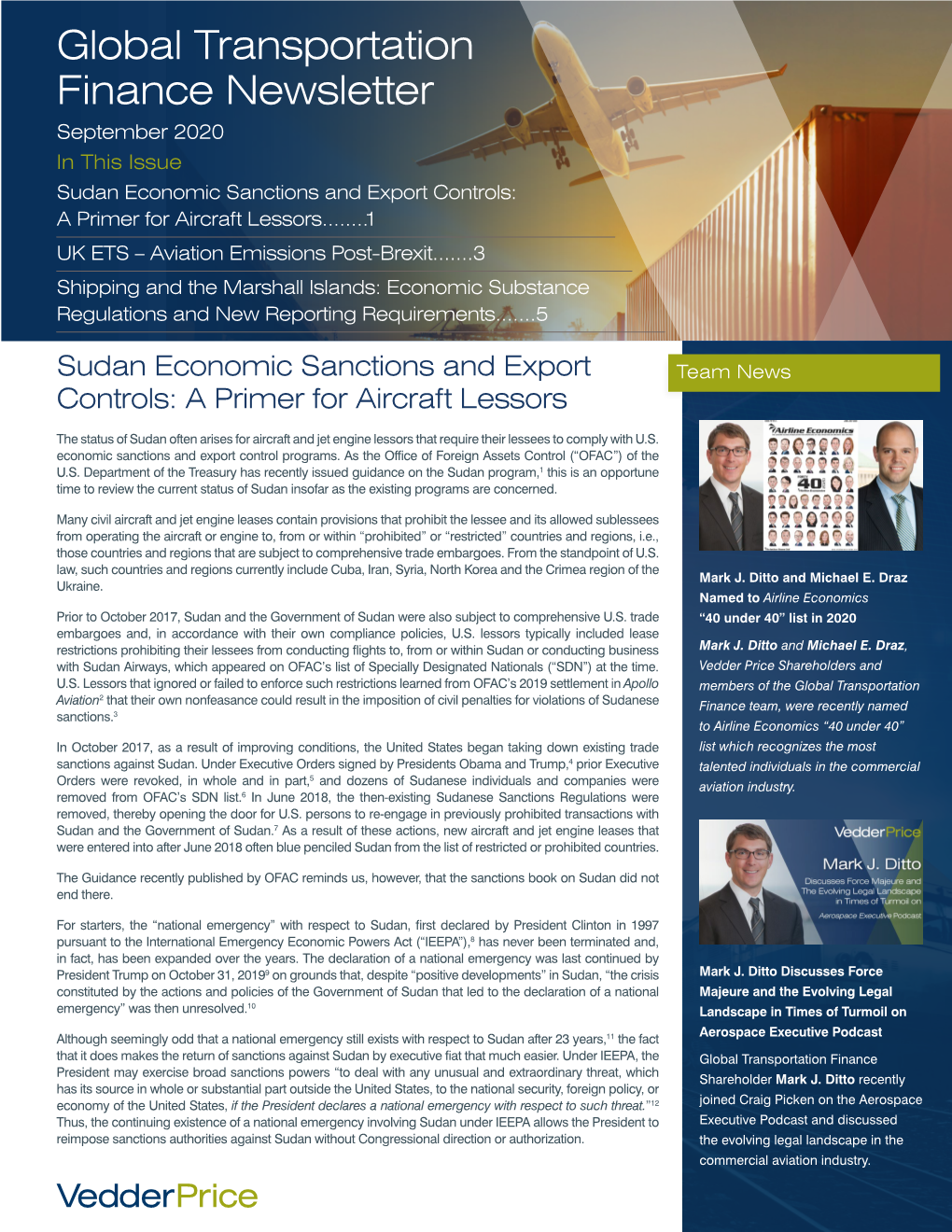 Global Transportation Finance Newsletter September 2020 in This Issue Sudan Economic Sanctions and Export Controls: a Primer for Aircraft Lessors