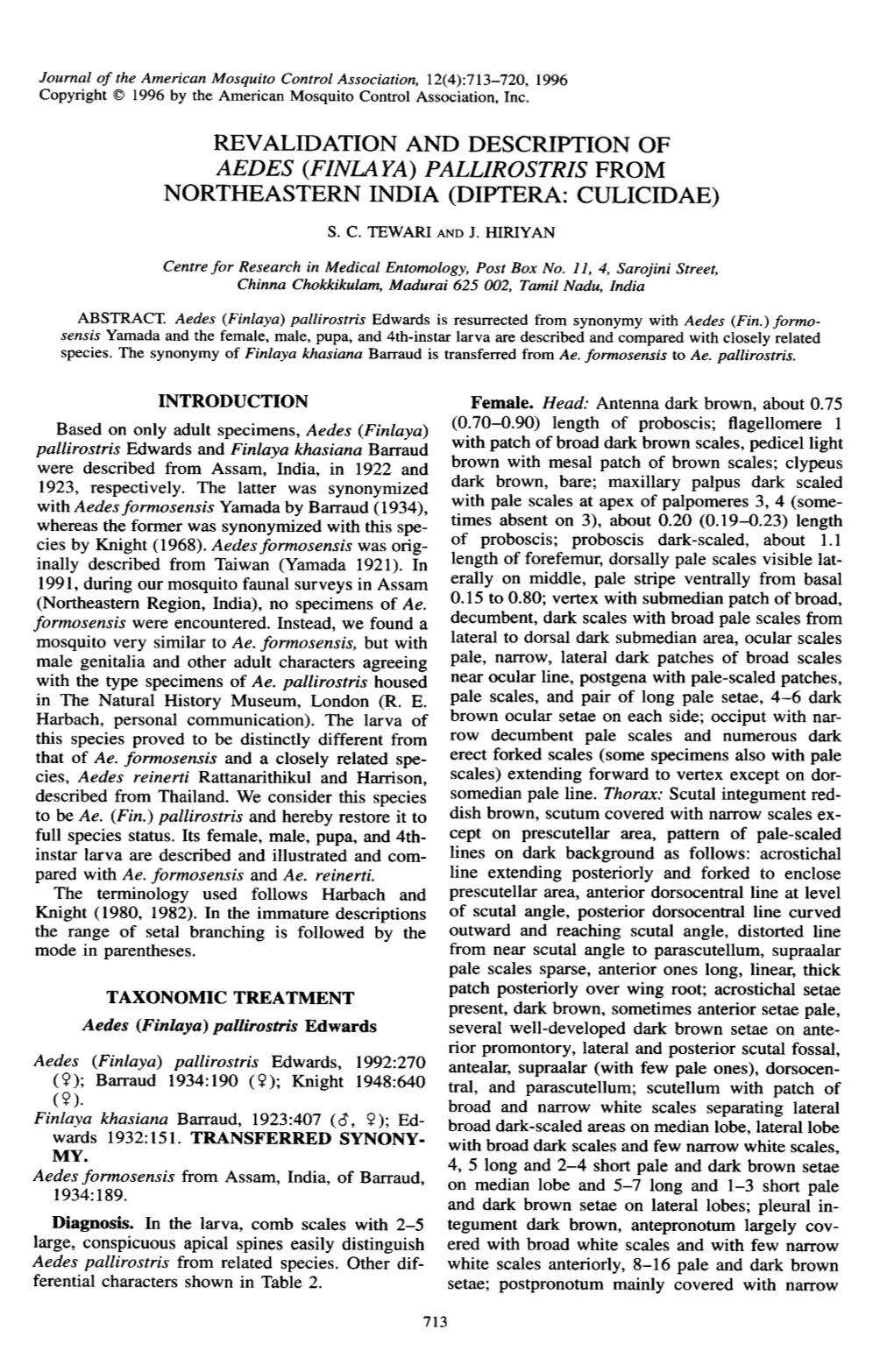 Revalidation and Description of Aed Es (Finlaya) ?Alliro.'Tris from Northeastern India (Diptera: Culicidae)