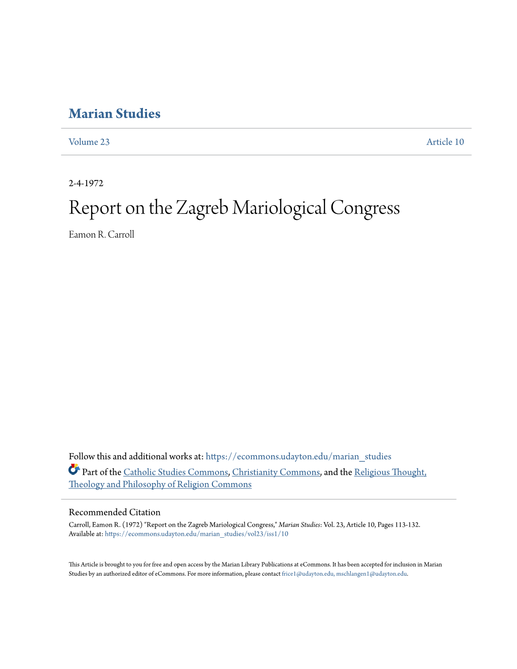 Report on the Zagreb Mariological Congress Eamon R