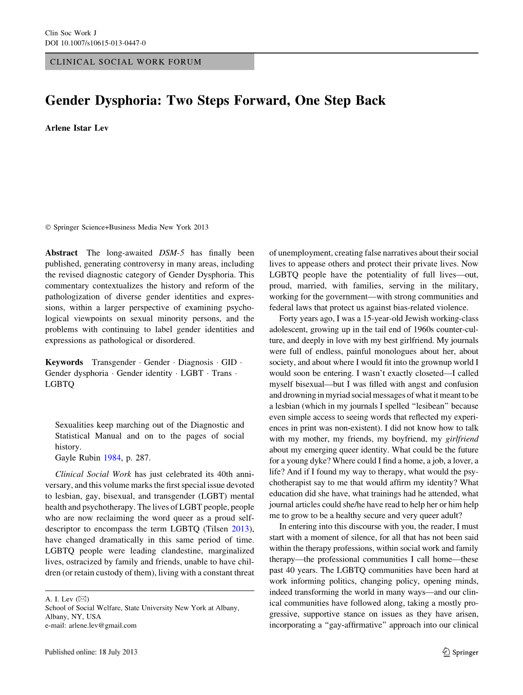 Gender Dysphoria: Two Steps Forward, One Step Back