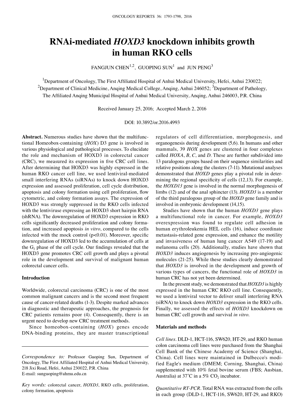 Rnai-Mediated HOXD3 Knockdown Inhibits Growth in Human RKO Cells