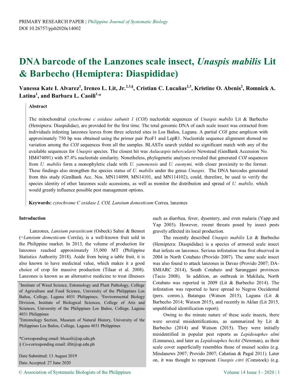 DNA Barcode of the Lanzones Scale Insect, Unaspis Mabilis Lit & Barbecho (Hemiptera: Diaspididae)