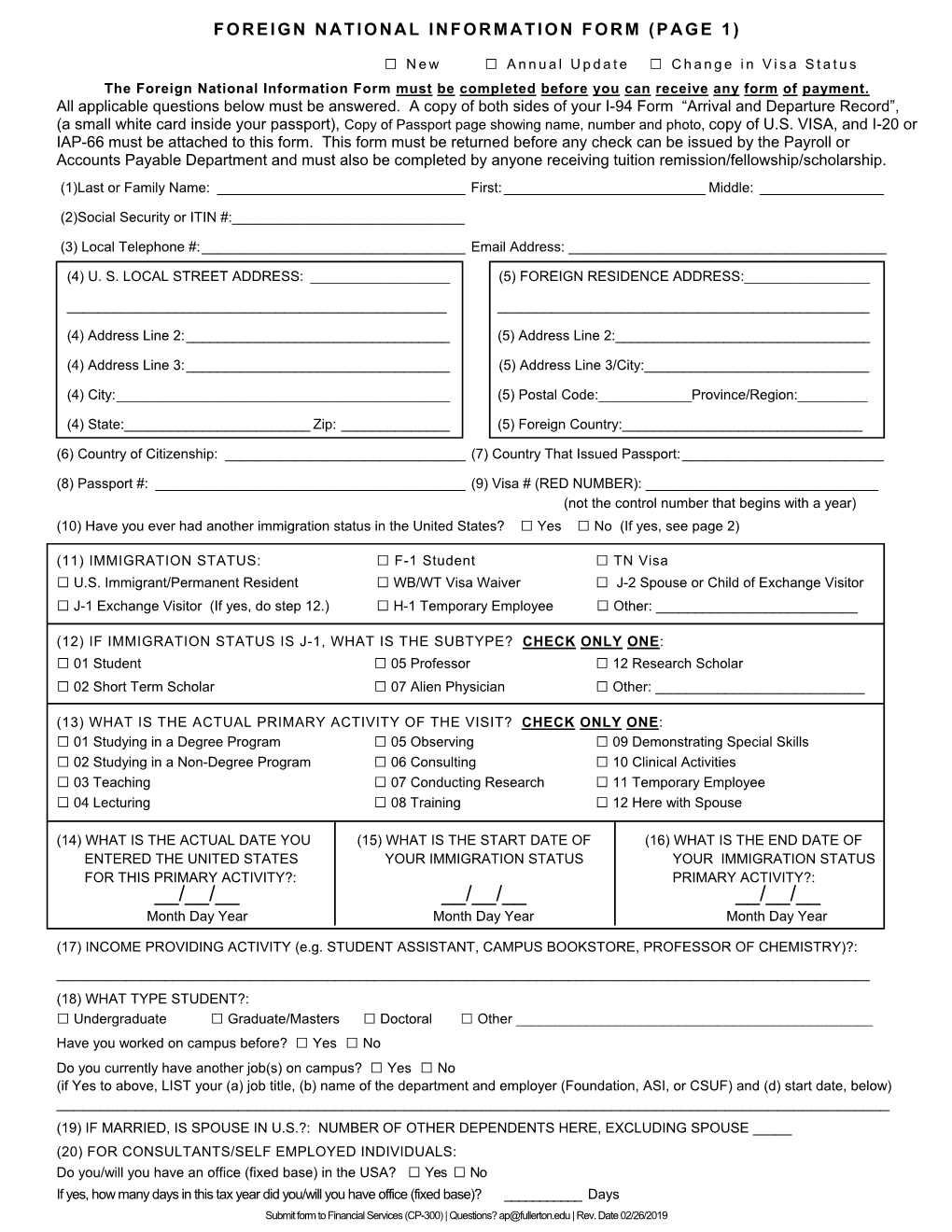Foreign National Information Form (Page 1)