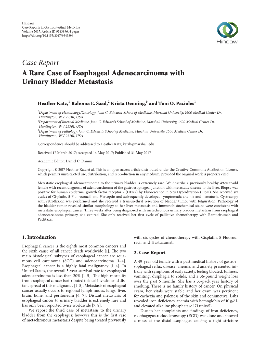 Case Report a Rare Case of Esophageal Adenocarcinoma with Urinary Bladder Metastasis